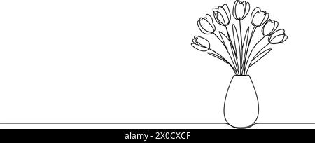 disegno continuo a linea singola di tulipani in vaso di fiori, illustrazione vettoriale line art Illustrazione Vettoriale