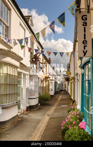 Market Street, una delle tante stradine strette del pittoresco villaggio costiero di Appledore, nel Devon settentrionale. Foto Stock