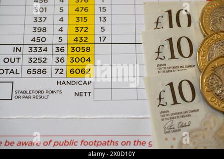 Banconote da dieci libbre e monete da una libbre giacciono sopra una scorecard da golf. Foto Stock