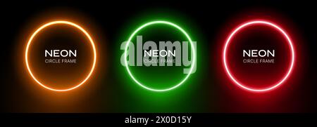 Gradiente rotondo al neon. Telaio ad anello con bagliore su sfondo nero. Cerchi LED laser verdi, rossi e arancioni. Set di sfere elettriche geometriche illuminanti. Illustrazione Vettoriale
