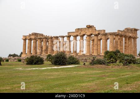 Il grande tempio dorico noto come Tempio e fu rieretto e si erge orgogliosamente su un'altura nel Parco Archeologico di Selinunte Foto Stock