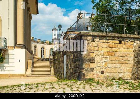 Dettagli architettonici del Palazzo Pillnitz sul bordo della ciclabile dell'Elba a Pillnitz, Dresda, Sassonia, Germania. Foto Stock