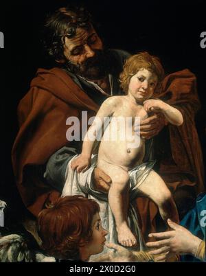 SAGRADA FAMILIA-DET S JOSE Y EL NIÑO. AUTORE: JEAN VALENTIN DE BOULOGNE (1591-1632). POSIZIONE: BANCO EXTERIOR-COLECCION. MADRID. SPAGNA. BAMBINO GESÙ. SAN JOSE ESPOSO DE LA VIRGEN MARIA. Foto Stock