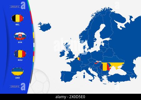 Mappa dell'Europa con mappe marcate dei paesi che partecipano al gruppo e del torneo europeo di calcio 2024. Icona delle bandiere del gruppo E.. Illustrazione Vettoriale