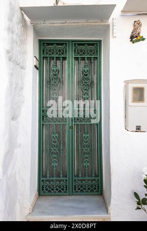 Vista di una porta in metallo con cancelli verdi a Malaga, Spagna. Foto Stock