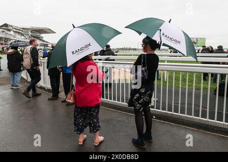 I Racegoers si riparano dalla pioggia sotto gli ombrelli durante la giornata di apertura del Randox Grand National 2024 all'Aintree Racecourse, Liverpool, Regno Unito, 11 aprile 2024 (foto di Mark Cosgrove/News Images) in, il 4/11/2024. (Foto di Mark Cosgrove/News Images/Sipa USA) credito: SIPA USA/Alamy Live News Foto Stock