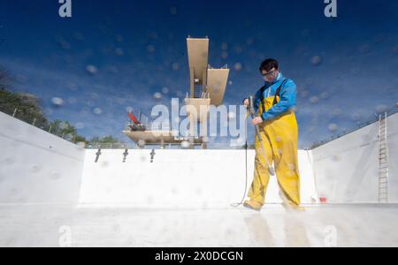 PRODUZIONE - 11 aprile 2024, Sassonia-Anhalt, Halle (Saale): Vicent Förster, apprendista presso le piscine di Halle, pulisce la piscina di nuoto e immersioni nel Nordbad di Halle/Saale con un Kärcher. I preparativi per la nuova stagione sono iniziati da tempo in molte piscine all'aperto. Una volta pulita la piscina, l'acqua verrà versata la prossima settimana. Il riempimento dovrebbe richiedere una settimana. Una volta che la piscina sarà piena, la tecnologia dell'acqua sarà messa in funzione. Poco prima dell'apertura della piscina, saranno prelevati campioni d'acqua per garantire che sia sicuro nuotare e tuffarsi. Le piattaforme per le immersioni, lo scivolo d'acqua Foto Stock