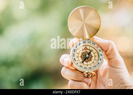 Con una foresta pittoresca e un lago tranquillo sullo sfondo, una donna tiene saldamente la mano Foto Stock