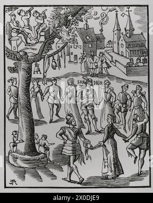 Festa del villaggio. Facsimile dopo una xilografia del 'Sandrin ou Verd Galant', edizione del 1609. "Moeurs, usages et costumes au moyen-âge et à l'époque de la Renaissance", di Paul Lacroix. Parigi, 1878. Foto Stock