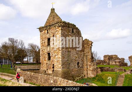 Vista dello storico castello di St Andrews del XIII secolo durante il sole primaverile nella contea di Fife, Scozia Foto Stock