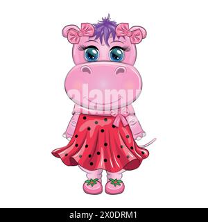 Carino Cartoon Hippo Princess in abito rosso coccinello Illustrazione Vettoriale