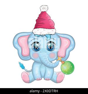 Carino elefante cartone animato, carattere infantile con gli occhi bei che portano il cappello di santa, sciarpa, regalo di tenuta, sfera di natale o canna della caramella. Il concetto di Illustrazione Vettoriale