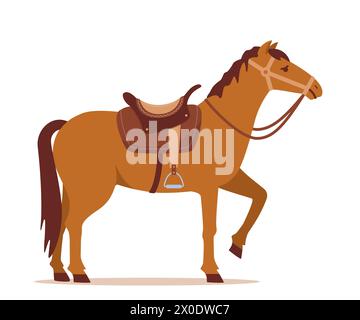 Cavallo della baia. Stallone vestito in modo da includere sella e punta a scatto. Bel cavallo marrone in piedi. Illustrazione vettoriale a colori in stile piatto Illustrazione Vettoriale