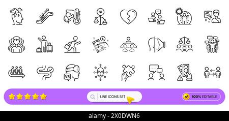 Icone Broken Heart, Teamwork e Puzzle line per l'app Web. Icona pittogramma. Icone di linea. Vettore Illustrazione Vettoriale