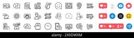 Pacchetto di icone della linea supporto, Teapot e Marketplace. Per applicazioni Web. Icone dei social media. Vettore Illustrazione Vettoriale