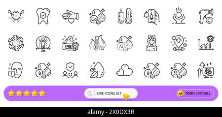 Icone di alluminio minerale, annuncio del vaccino e linea termometro per app web. Icona pittogramma. Icone di linea. Vettore Illustrazione Vettoriale