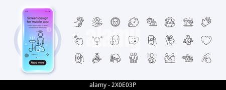 Icone mano, uomo malato e linea pulizia per l'app Web. Icona pittogramma. Schermo gradiente mockup telefono. Vettore Illustrazione Vettoriale