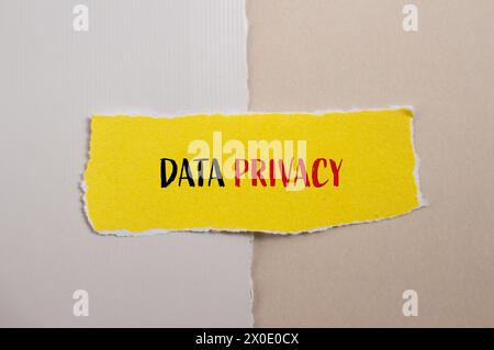 Parole sulla privacy dei dati scritte su carta gialla strappata con sfondo cartaceo. Simbolo concettuale. Copia spazio. Foto Stock