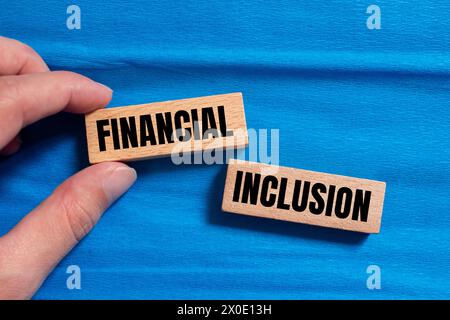 Parole di inclusione finanziaria scritte su blocchi di legno con sfondo blu. Simbolo commerciale concettuale. Copia spazio. Foto Stock