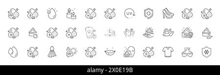Icone della linea di protezione della niacina vitamina, vitamina e e UV. Per applicazioni Web, stampa. Icone di linea. Vettore Illustrazione Vettoriale