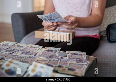 Donna che conta soldi a casa- bilancio di emergenza, risparmi, Foto Stock