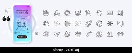 Icone della linea Fisherman, Salad e Water Splash per l'app Web. Icona pittogramma. Schermo gradiente mockup telefono. Vettore Illustrazione Vettoriale