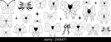 Fiocchi. Fiocco disegnato a mano in stile y2k con cuore. Collezione di nastri gotici emo con cuori. Illustrazione vettoriale. Illustrazione Vettoriale