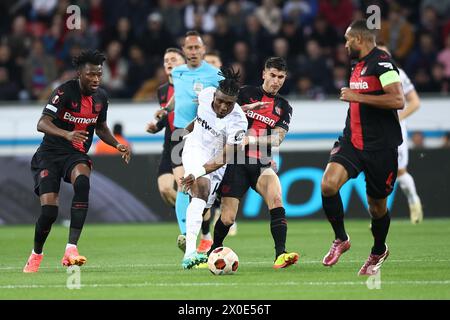 Leverkusen, Germania. 11 aprile 2024. Mohammed Kudus del West Ham United durante la partita di andata andata dei quarti di finale di UEFA Europa League tra Bayer Leverkusen e West Ham United alla BayArena l'11 aprile 2024 a Leverkusen, Germania. (Foto di Daniel Chesterton/phcimages.com) credito: PHC Images Ltd/Alamy Live News Foto Stock