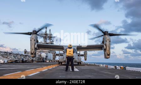 U.S. Navy Aviation Boatswain’s Mate (Handling) 3rd Class Nathan Cho, nativo della California assegnato alla nave d’assalto anfibia USS Boxer (LHD 4), Foto Stock
