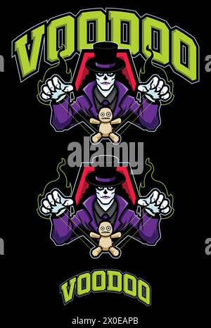 Illustrazione in stile mascotte di un sacerdote voodoo con poteri mistici e una bambola. Illustrazione Vettoriale