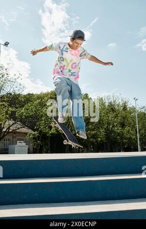 Un giovane cavalca uno skateboard in uno skate Park in una giornata di sole, mostrando le sue abilità e la sua impavidità. Foto Stock