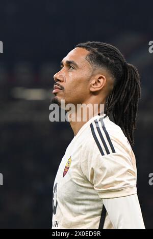 Chris Smalling dell'AS Roma durante la partita di andata della semifinale di UEFA Europa League tra l'AC Milan e L'AS Roma sull'Avril 11, 2024 allo stadio Giuseppe Meazza San Siro Siro di Milano, Italia. Crediti: Tiziano Ballabio Foto Stock