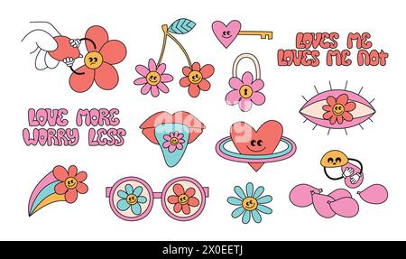 Confezione di adesivi per cartoni animati hippie Love. Hippie anni '60, fiori in stile anni '70, margherita, camomilla, ciliegia, cuore. La divinazione mi ama con la camomilla. Illustrazione Vettoriale