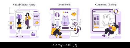 Set Fashion Tech. Vestibilità virtuale, assistenza stilistica e design di abbigliamento personalizzato. Integrazione della tecnologia nella moda per una migliore esperienza utente. Illustrazione vettoriale. Illustrazione Vettoriale