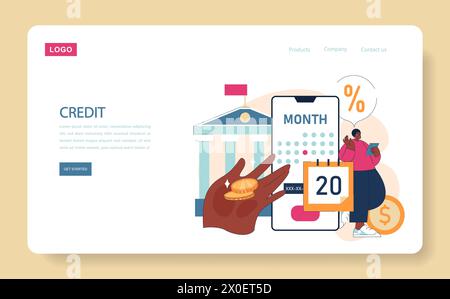 Concetto di gestione del credito. Man esamina i tassi di interesse favorevoli su un cellulare vicino all'edificio della banca. Pagamento tempestivo evidenziato dal calendario, con monete che indicano risparmi. Illustrazione del nastro vettoriale piatto. Illustrazione Vettoriale