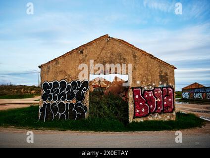 Struttura abbandonata coperta da grafitti, Lagos, Portogallo, Europa Foto Stock