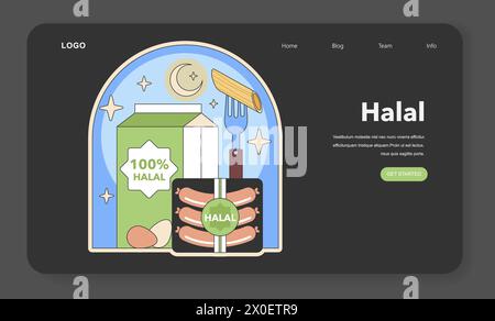 Concetto Halal di garanzia alimentare. Simboli dietetici islamici standard. Nutrizione per lo stile di vita musulmano. Iconografia della luna mezzaluna. Illustrazione vettoriale piatta Illustrazione Vettoriale