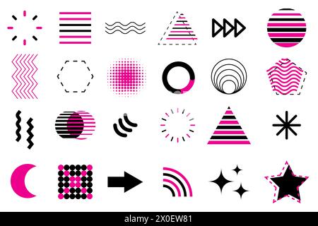 Dettagli rosa vivaci; grafica dinamica. Motivi neri astratti. Forme geometriche espressive. Illustrazione vettoriale. EPS 10. Illustrazione Vettoriale