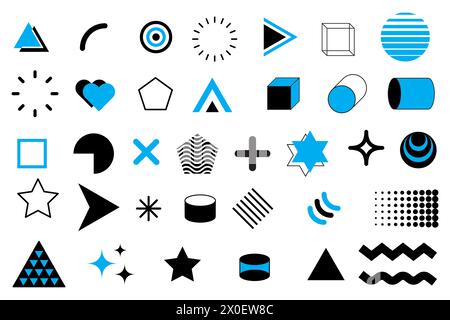 Collezione di forme geometriche ed elementi di design. Varie icone in blu e nero. Simboli grafici vettoriali. Illustrazione vettoriale. EPS 10. Illustrazione Vettoriale