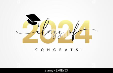 Classe 2024, congratulazioni! Design con logo per lettere. Numero 2024, complimenti laureati con mortaio quadrato nero. Illustrazione vettoriale Illustrazione Vettoriale