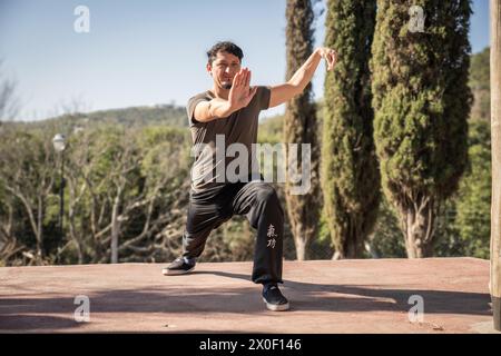 Un uomo si immerge nella pratica del Kung fu, un'arte marziale cinese, nella posizione di Xiao Ba Ji Quan in un ambiente naturale. Foto Stock