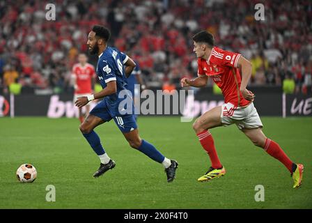 Lisbona, Portogallo. 11 aprile 2024. Pierre-Emerick Aubameyang di Marsiglia in azione durante la partita di andata dei quarti di finale di UEFA Europa League tra Benfica e Olympique de Marseille allo stadio Estádio da Luz di Lisbona, Portogallo, giovedì 11 aprile 2024. Foto di Zed Jameson/ABACAPRESS.COM credito: Abaca Press/Alamy Live News Foto Stock