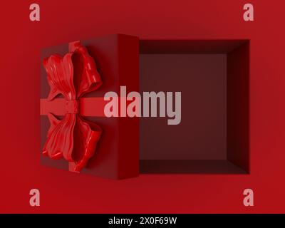 apri la confezione regalo con fiocco su sfondo rosso. Illustrazione 3D. Foto Stock