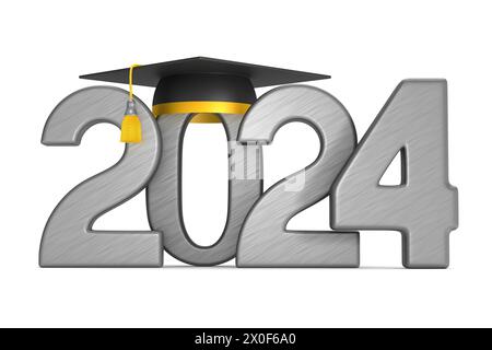 2024 anni e cappuccio graduato su sfondo bianco. Illustrazione 3D isolata Foto Stock