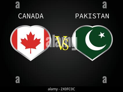 Canada vs Pakistan, concetto di Cricket Match con illustrazione creativa dei paesi partecipanti bandiera battitore e cuori isolati su sfondo nero Illustrazione Vettoriale