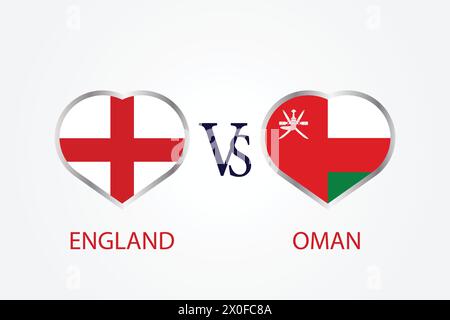 England vs Oman, concetto di Cricket Match con illustrazione creativa dei paesi partecipanti bandiera battitore e cuori isolati su sfondo bianco Illustrazione Vettoriale