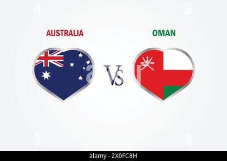 Australia vs Oman, concetto di Cricket Match con illustrazione creativa dei paesi partecipanti bandiera battitore e cuori isolati su sfondo bianco Illustrazione Vettoriale