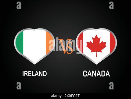 Irlanda vs Canada, concetto di Cricket Match con illustrazione creativa dei paesi partecipanti bandiera battitore e cuori isolati su sfondo nero Illustrazione Vettoriale