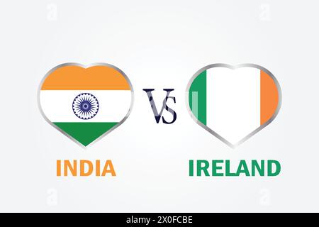 India vs Irlanda, concetto di Cricket Match con illustrazione creativa dei paesi partecipanti bandiera battitore e cuori isolati su sfondo bianco Illustrazione Vettoriale