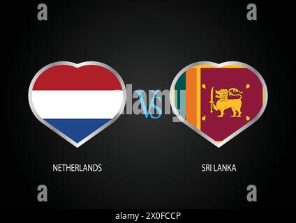 Olanda vs Sri Lanka, concetto di Cricket Match con illustrazione creativa dei paesi partecipanti bandiera battitore e cuori isolati sul nero Illustrazione Vettoriale